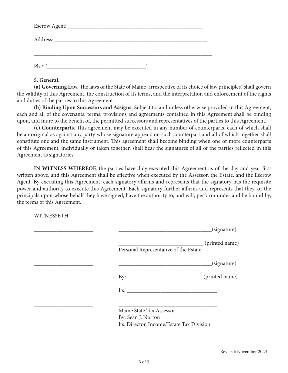Estate Tax Escrow Agreement to Ensure That Sufficient Funds Have Been Set Aside to Secure Payment of the Estates Estimated Maine Estate Tax Obligation - Maine, Page 3