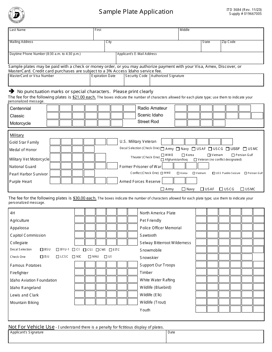 Form ITD3684 Sample Plate Application - Idaho, Page 1
