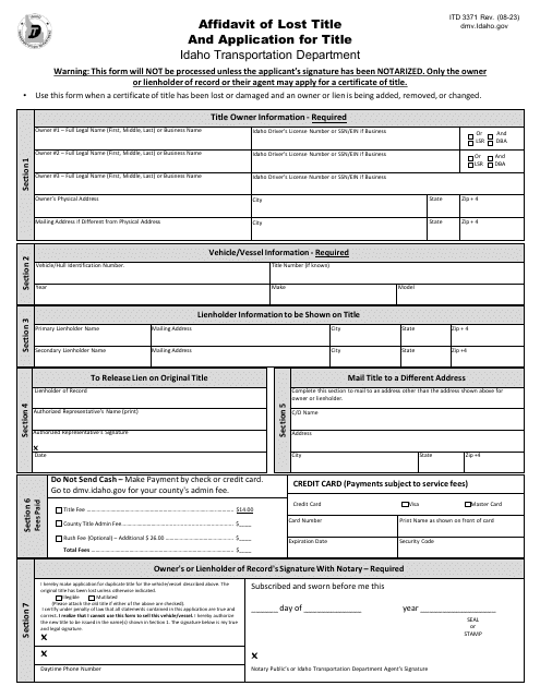 Form ITD3371 Affidavit of Lost Title and Application for Title - Idaho