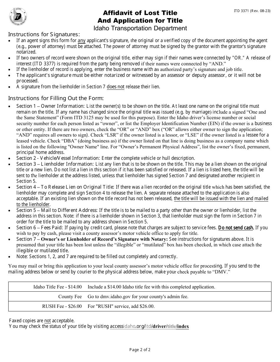 Form ITD3371 Affidavit of Lost Title and Application for Title - Idaho, Page 2