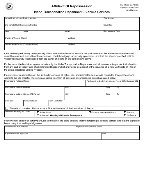 Form ITD3366 Affidavit of Repossession - Idaho