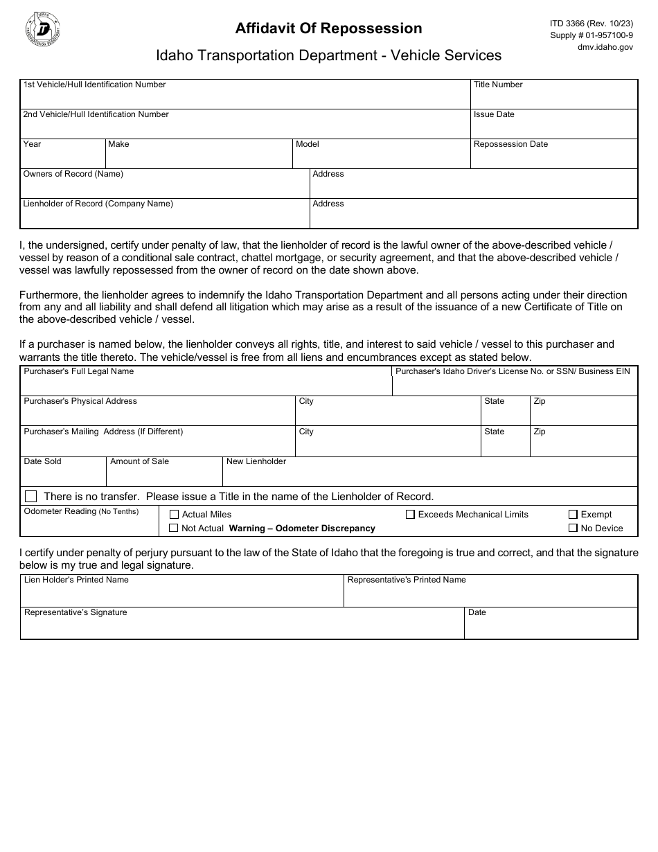 Form ITD3366 Affidavit of Repossession - Idaho, Page 1