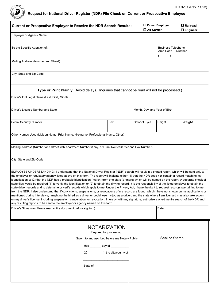 Form ITD3261 Request for National Driver Register (Ndr) File Check on Current or Prospective Employee - Idaho, Page 1
