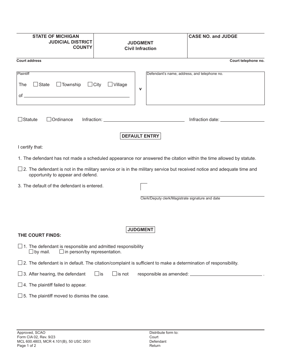 Form CIA02 Judgment - Civil Infraction - Michigan, Page 1
