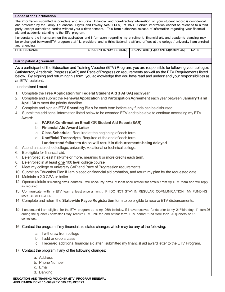 DCYF Form 15-369 Education and Training Voucher (Etv) Program Renewal Application - Washington, Page 2