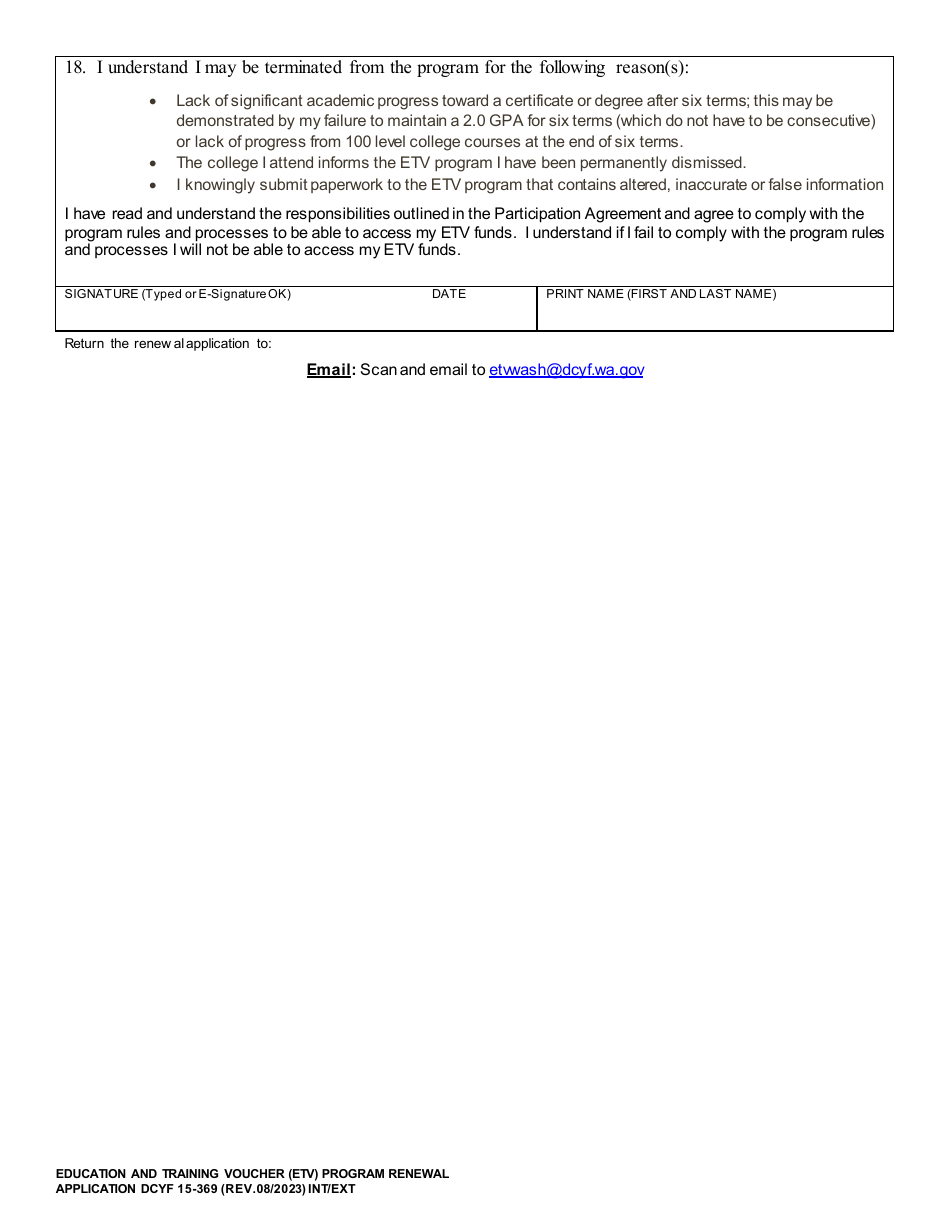 DCYF Form 15-369 Education and Training Voucher (Etv) Program Renewal Application - Washington, Page 3