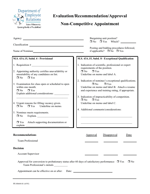 Form PE-00644-01 Evaluation/Recommendation/Approval Non-competitive Appointment - Minnesota