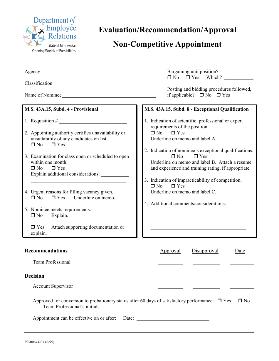 Form PE-00644-01 Evaluation / Recommendation / Approval Non-competitive Appointment - Minnesota, Page 1