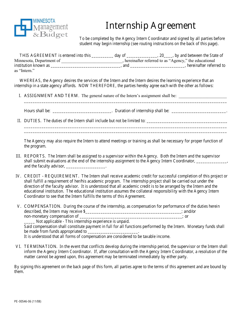 Form PE-00546-06 Internship Agreement - Minnesota, Page 1