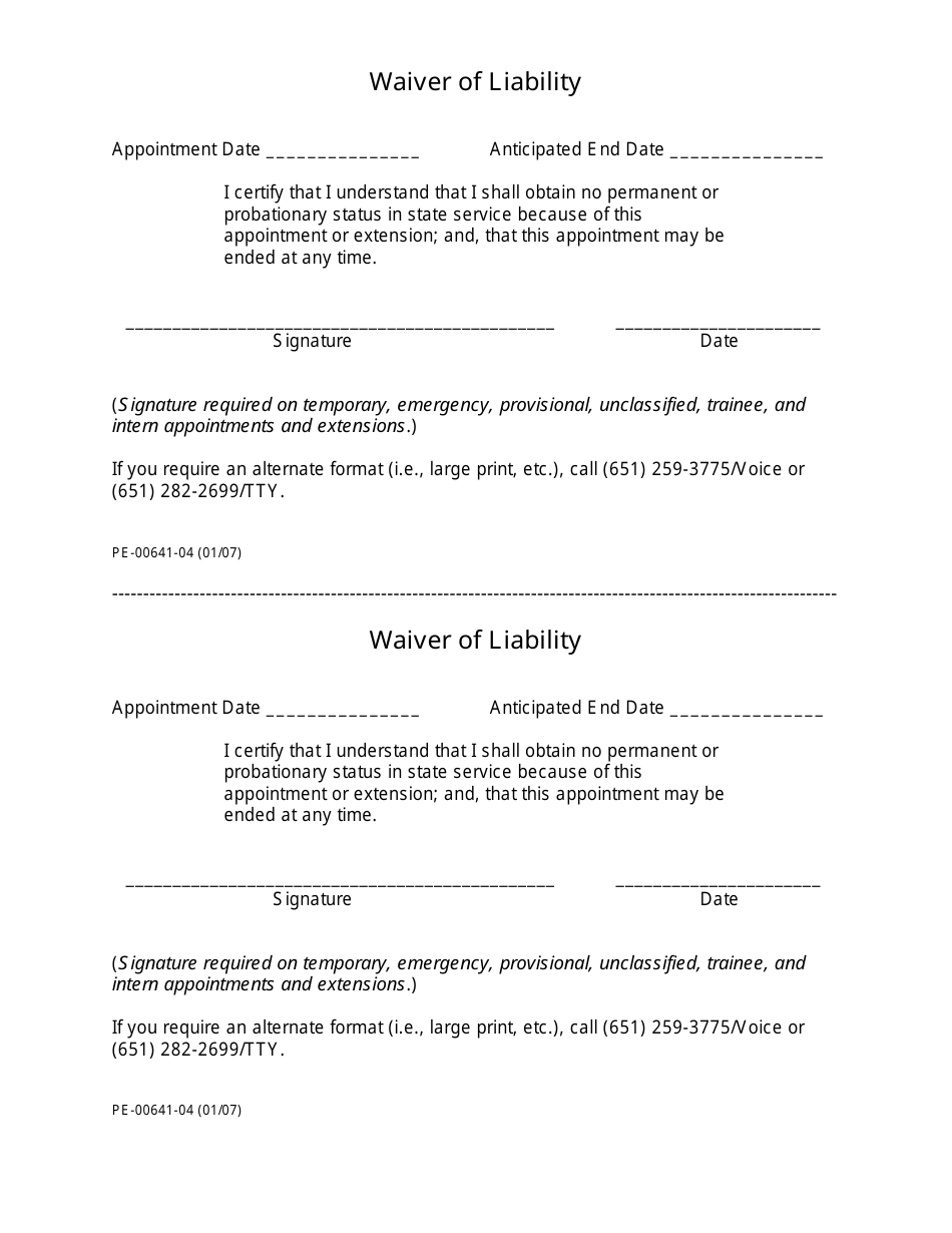 Form PE-00641-04 Waiver of Liability - Minnesota, Page 1