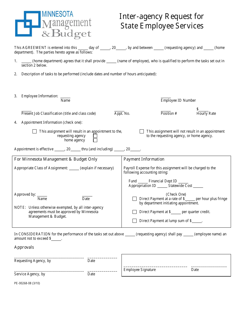 Form PE-00268-08 Inter-Agency Request for State Employee Services - Minnesota, Page 1
