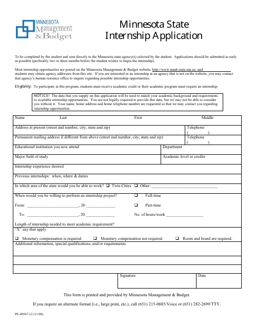 Form PE-00547-12 Minnesota State Internship Application - Minnesota