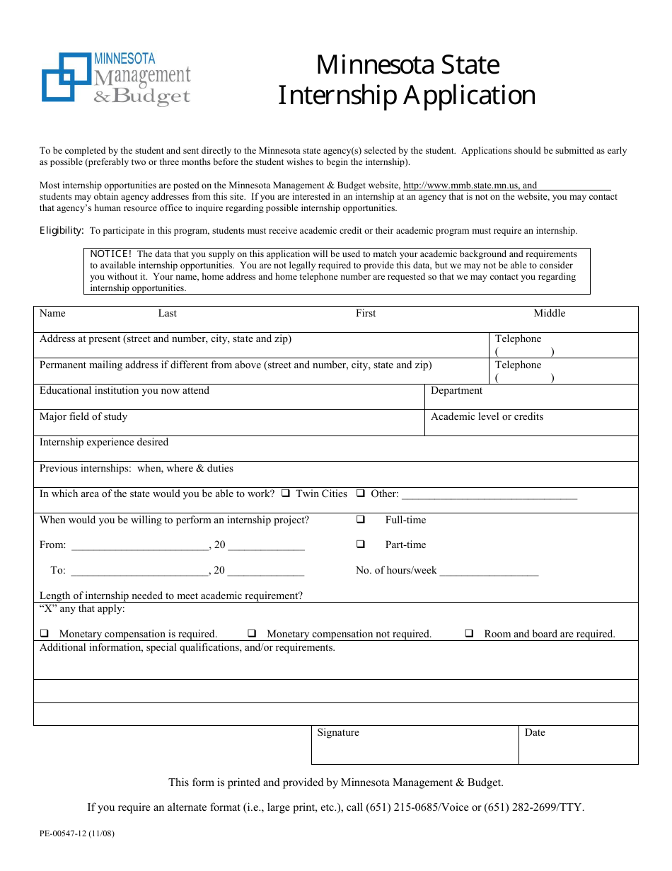 Form PE-00547-12 Minnesota State Internship Application - Minnesota, Page 1