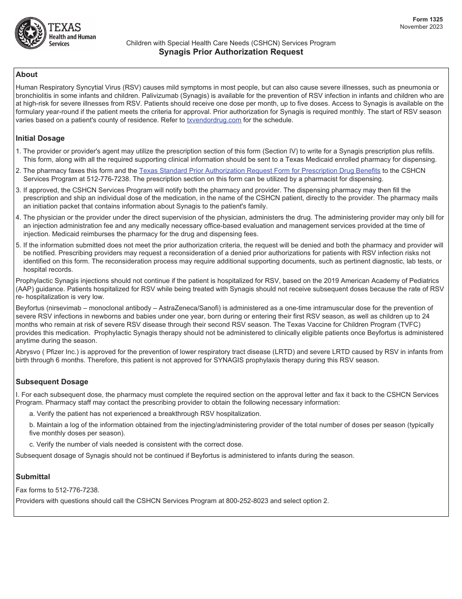 Form 1325 Synagis Prior Authorization Request (Cshcn) - Texas, Page 1