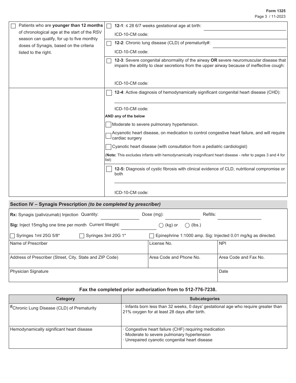 Form 1325 Synagis Prior Authorization Request (Cshcn) - Texas, Page 3