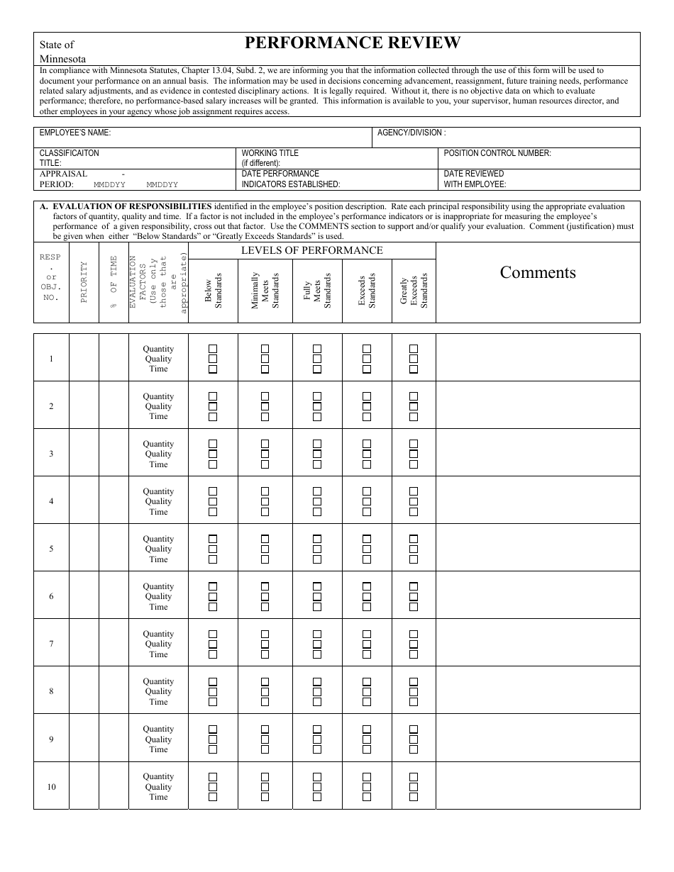 Form PE-00072-03 Performance Review - Minnesota, Page 1