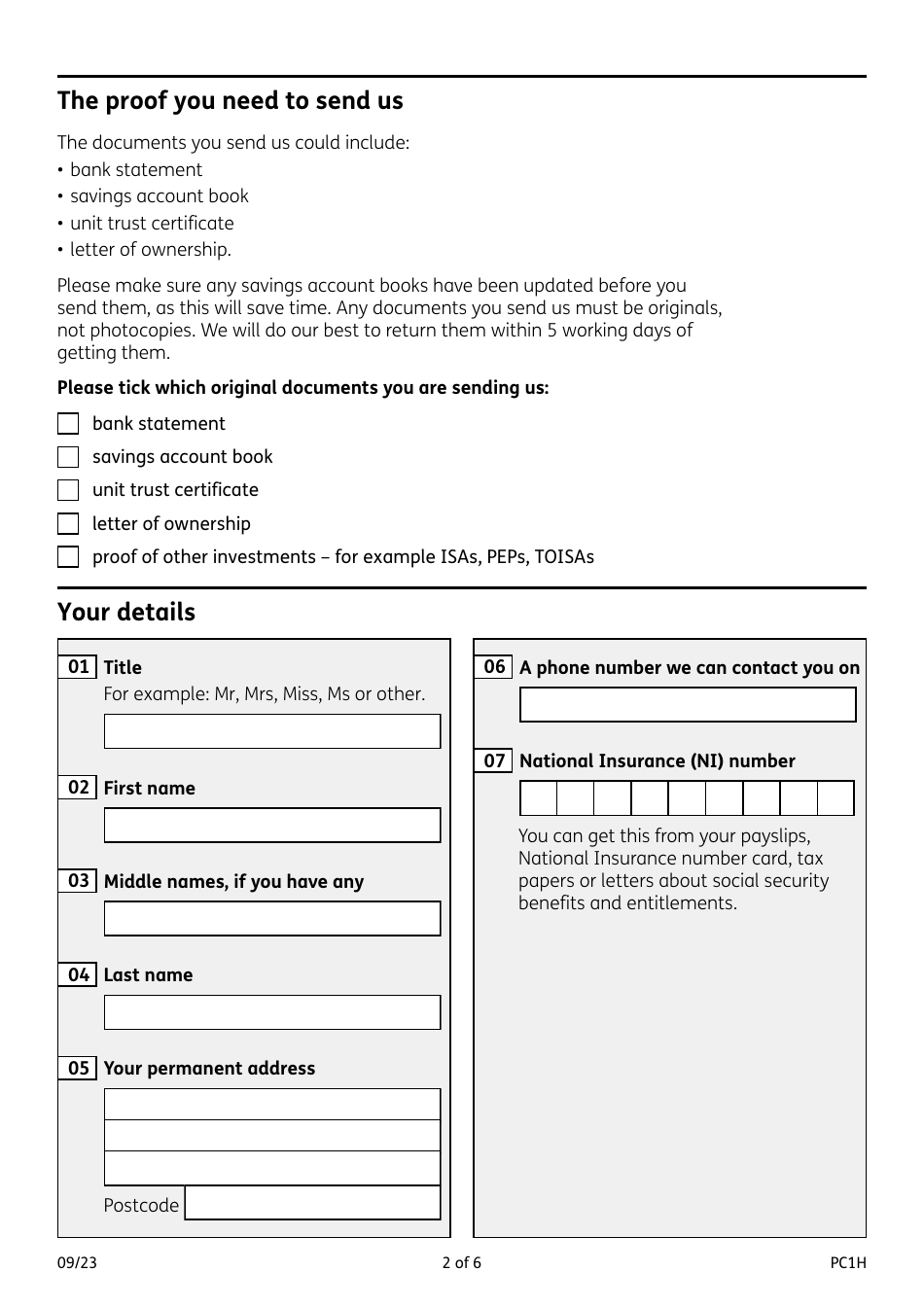 Form PC1H Pension Credit - Money, Savings and Investments of More Than 10,000 Pounds - United Kingdom, Page 2