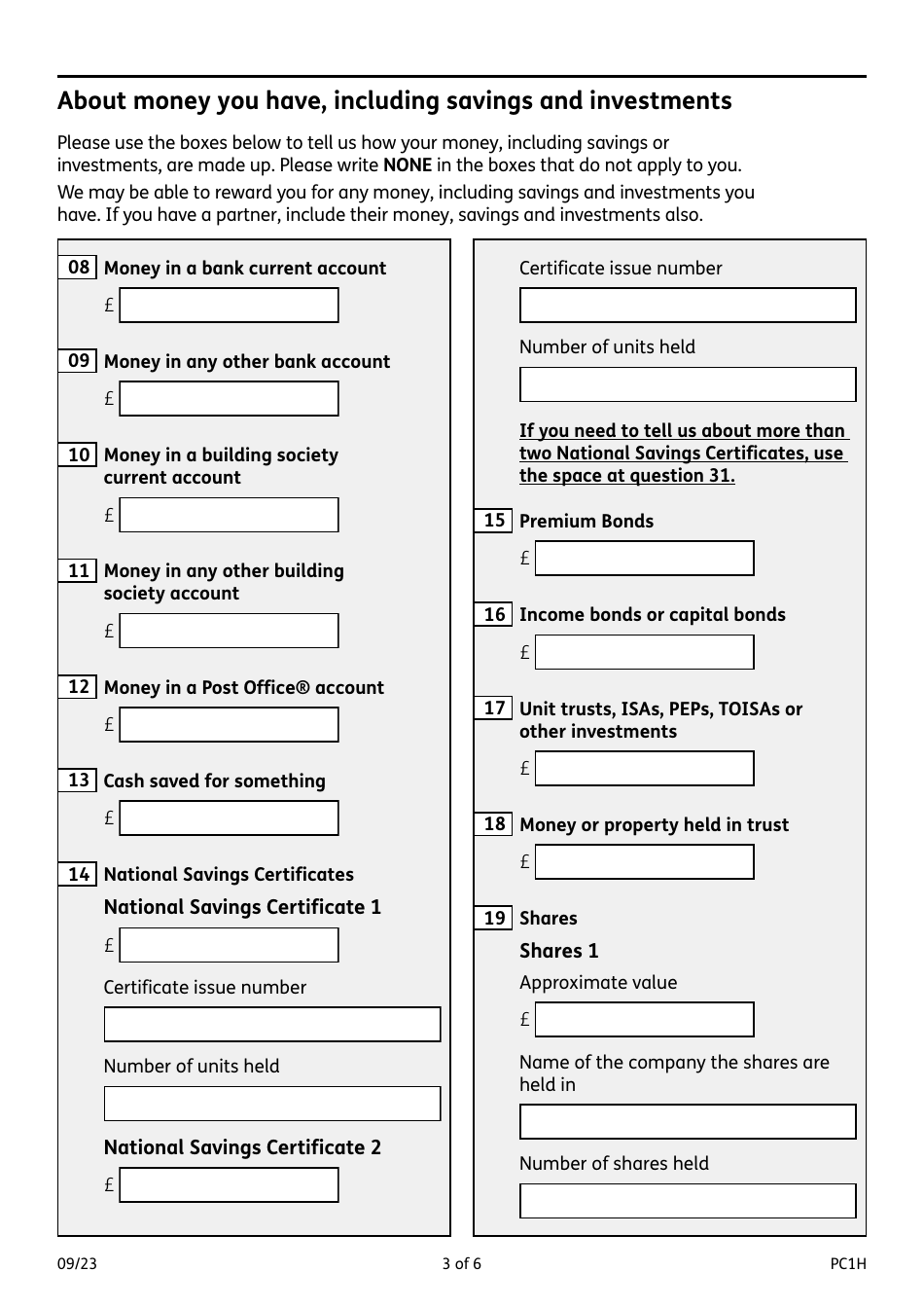 Form PC1H Pension Credit - Money, Savings and Investments of More Than 10,000 Pounds - United Kingdom, Page 3