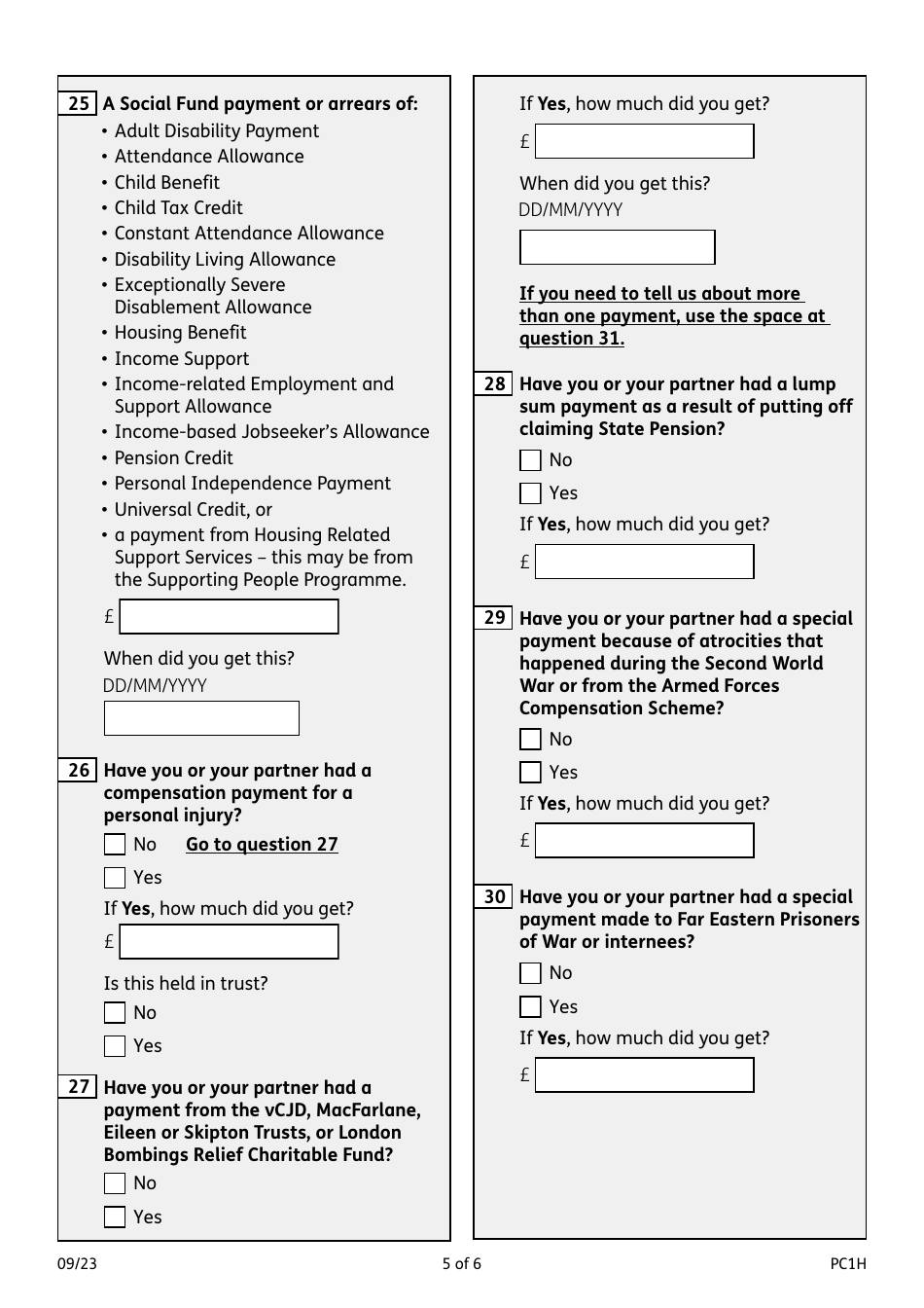 Form PC1H Pension Credit - Money, Savings and Investments of More Than 10,000 Pounds - United Kingdom, Page 5