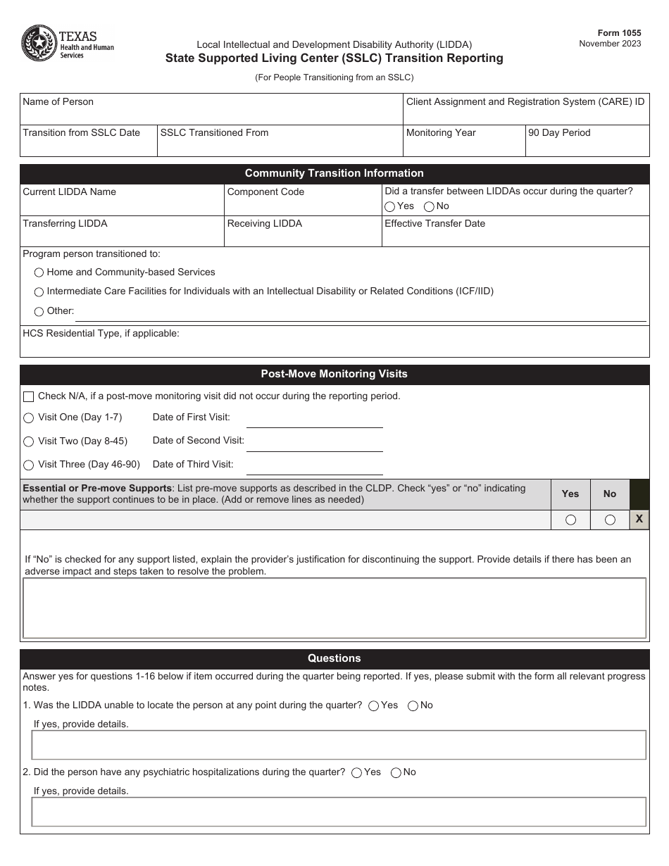 Form 1055 State Supported Living Center (Sslc) Transition Reporting - Texas, Page 1