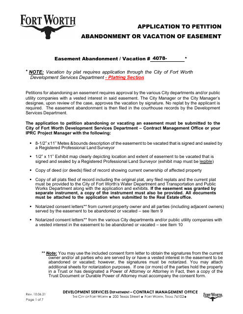 Application to Petition Abandonment or Vacation of Easement - City of Fort Worth, Texas Download Pdf