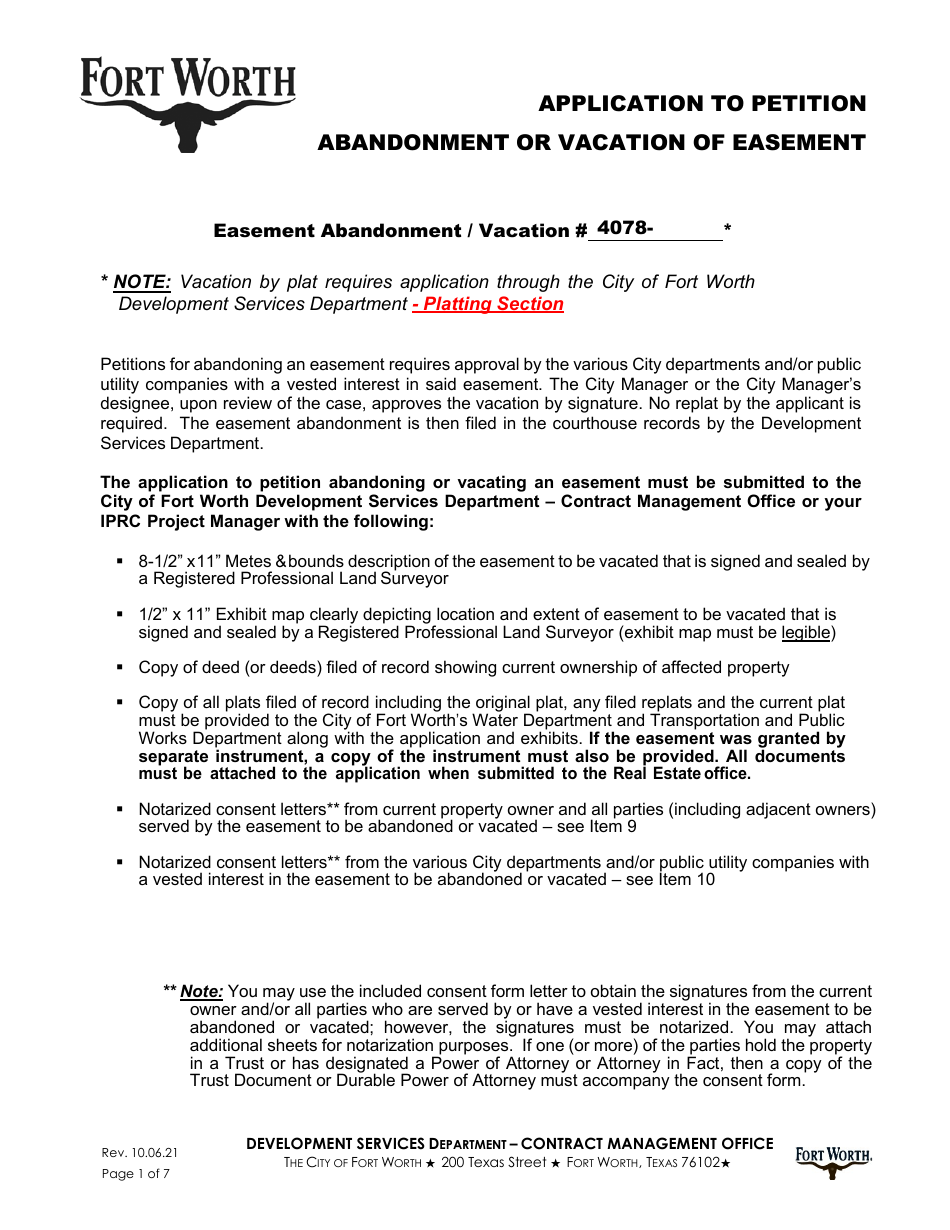 Application to Petition Abandonment or Vacation of Easement - City of Fort Worth, Texas, Page 1