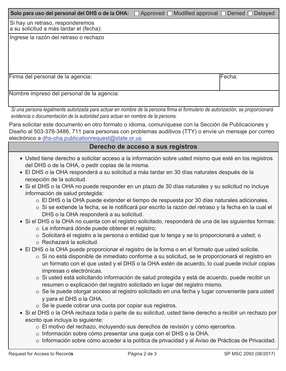 Formulario MSC2093 Solicitud De Acceso a Los Registros - Oregon (Spanish), Page 2