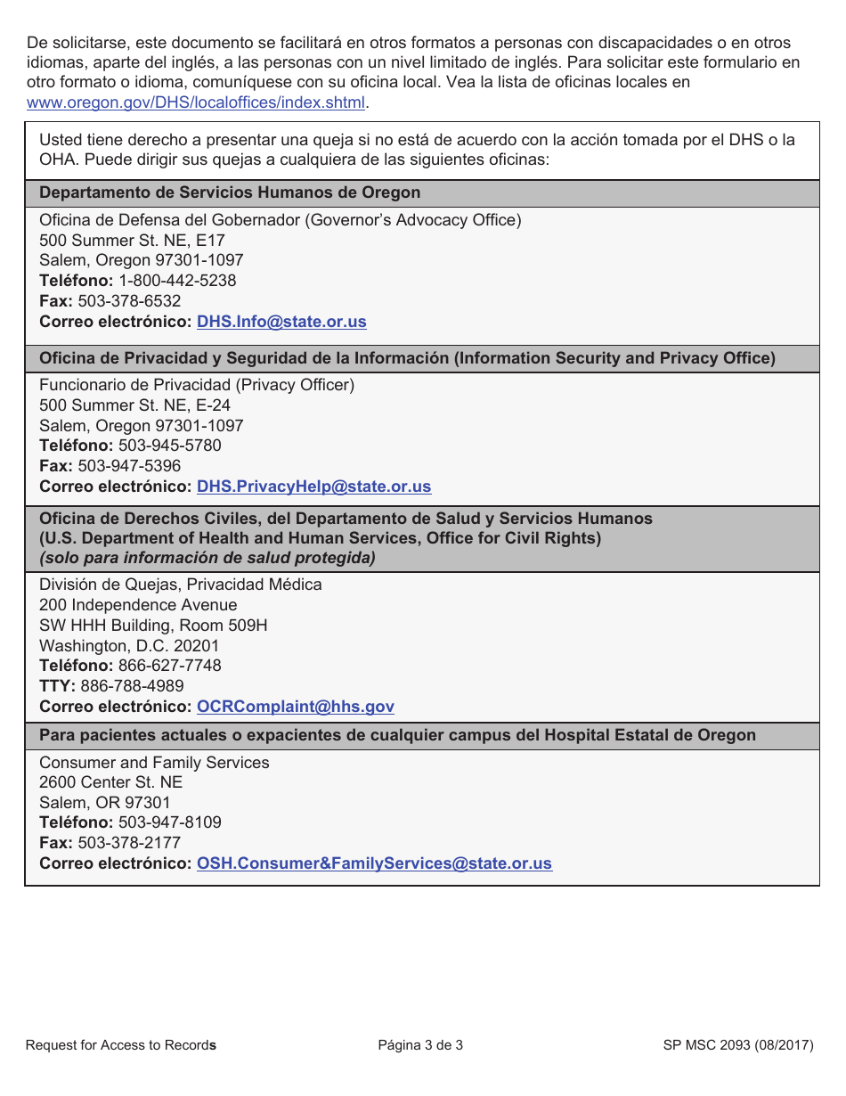 Formulario MSC2093 Solicitud De Acceso a Los Registros - Oregon (Spanish), Page 3