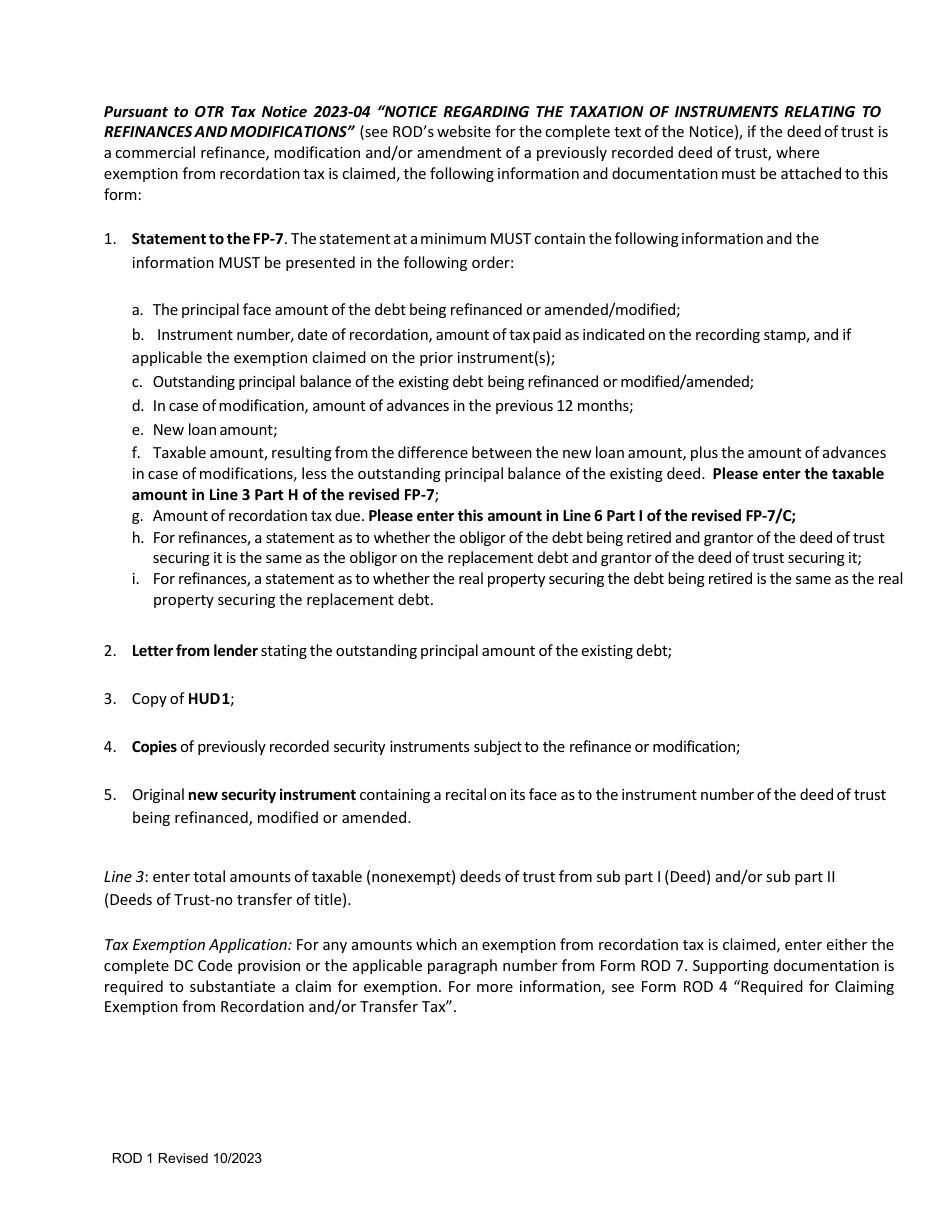 Form FP-7 / C (ROD1) Real Property Recordation and Transfer Tax Form - Washington, D.C., Page 3
