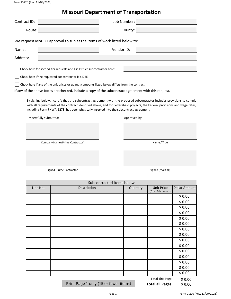 Form C-220 Request to Subcontract Work - Missouri, Page 2