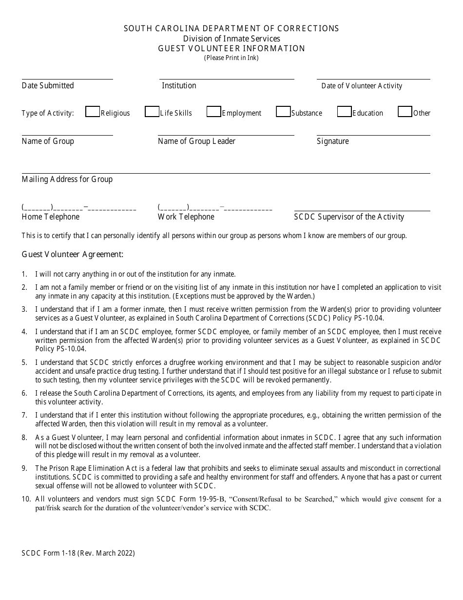 SCDC Form 1-18 Guest Volunteer Information - South Carolina, Page 1