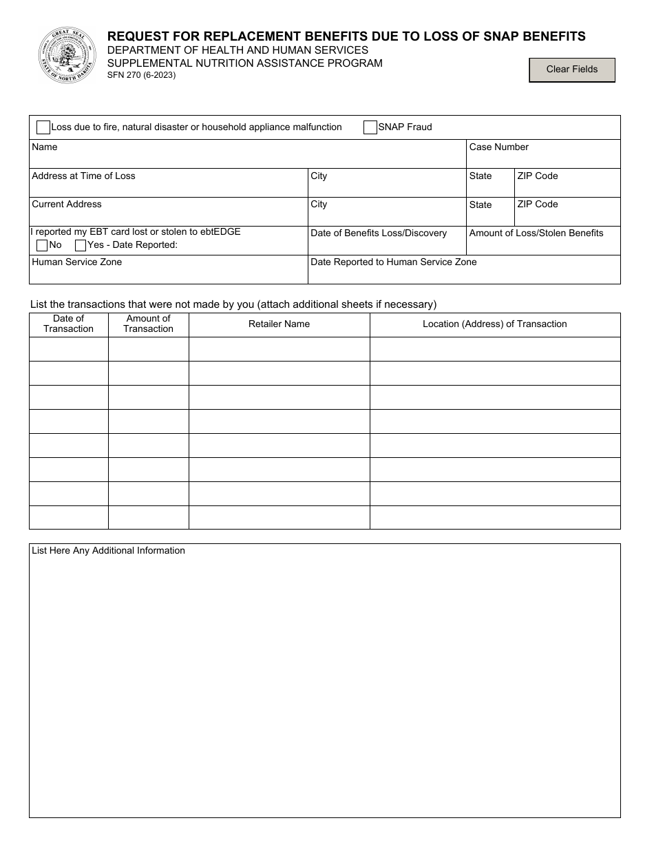 Form SFN270 Request for Replacement Benefits Due to Loss of Snap Benefits - North Dakota, Page 1