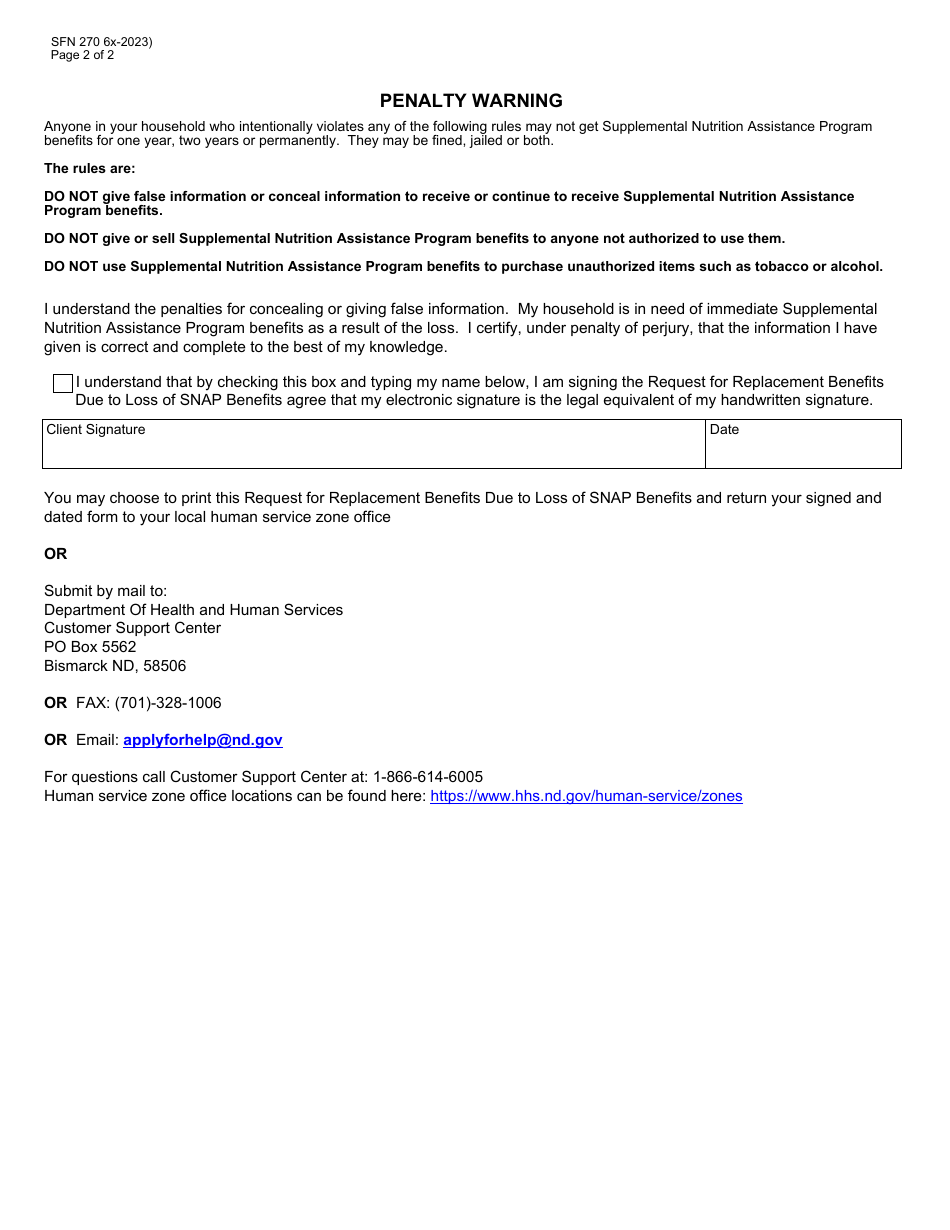 Form SFN270 Request for Replacement Benefits Due to Loss of Snap Benefits - North Dakota, Page 2