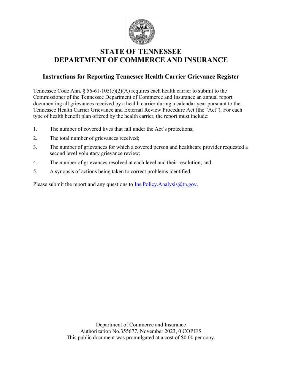 Tennessee Health Carrier Grievance Register Report - Tennessee, Page 1