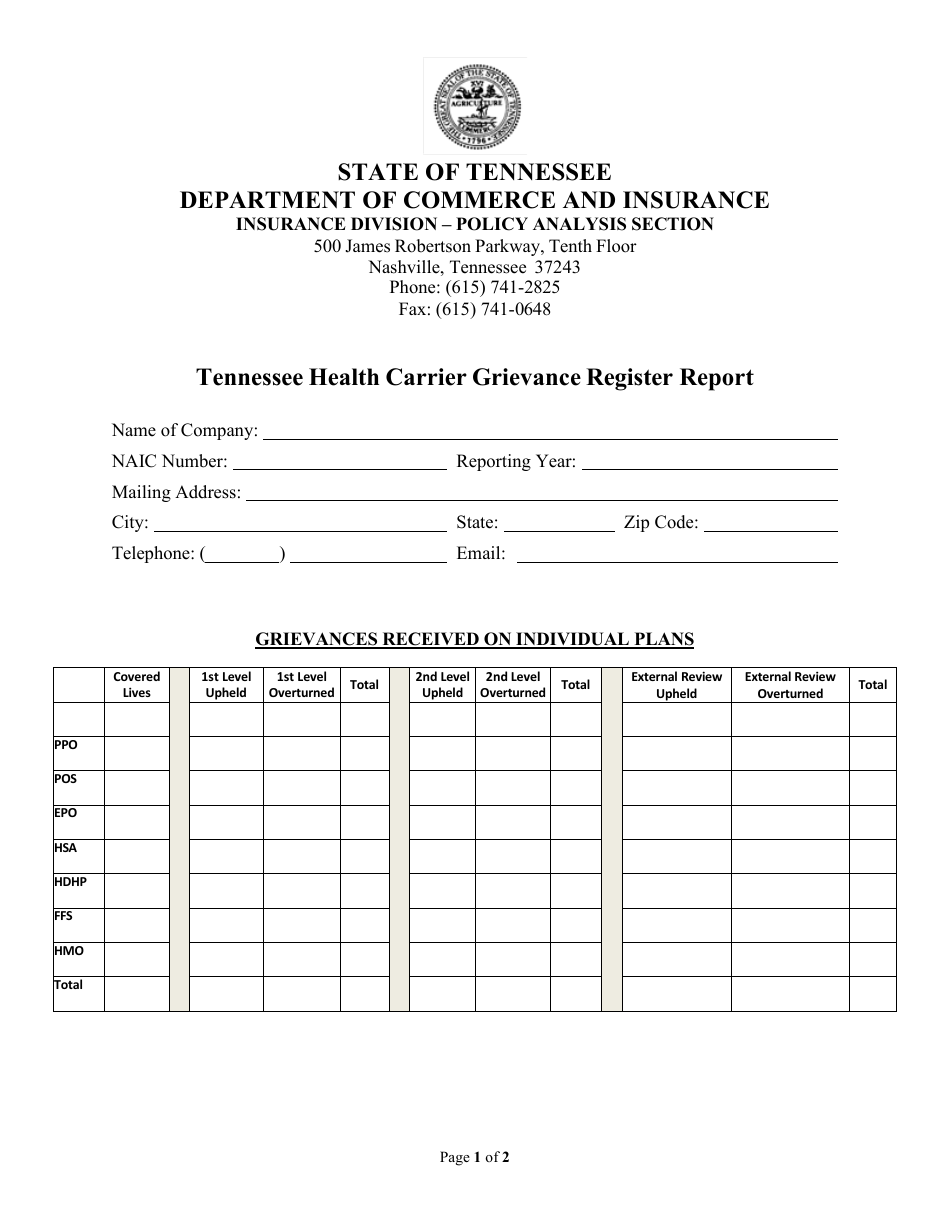 Tennessee Health Carrier Grievance Register Report - Tennessee, Page 2