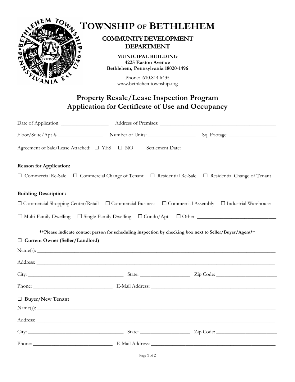 Application for Certificate of Use and Occupancy - Property Resale / Lease Inspection Program - Township of Bethlehem, Pennsylvania, Page 1