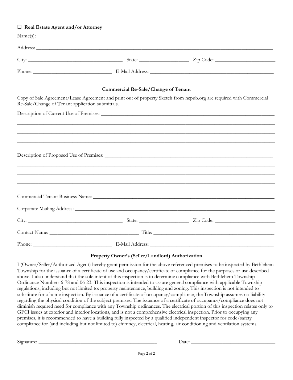 Application for Certificate of Use and Occupancy - Property Resale / Lease Inspection Program - Township of Bethlehem, Pennsylvania, Page 2