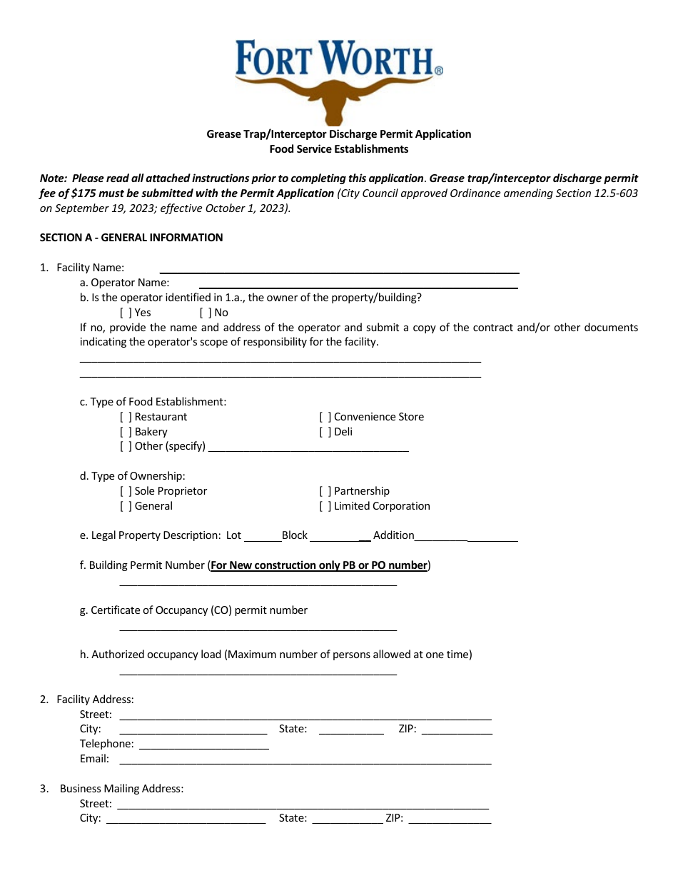 City of Fort Worth, Texas Grease Trap/Interceptor Discharge Permit