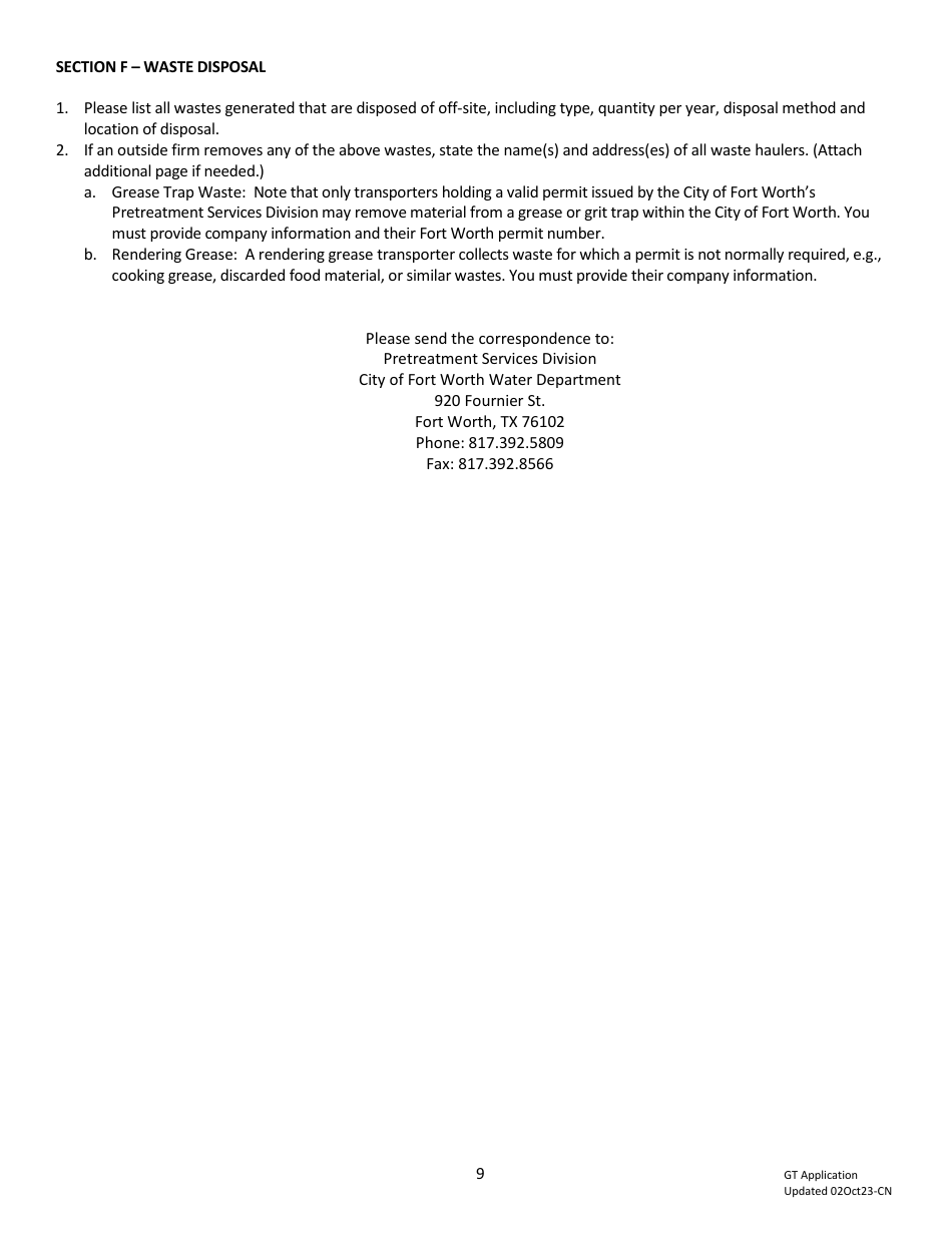 City of Fort Worth, Texas Grease Trap/Interceptor Discharge Permit