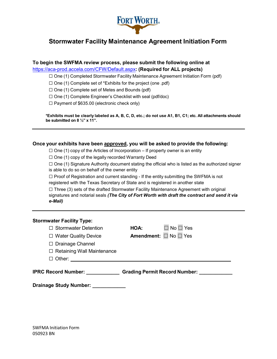 Stormwater Facility Maintenance Agreement Initiation Form - City of Fort Worth, Texas, Page 1