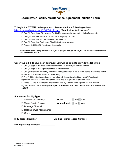 Stormwater Facility Maintenance Agreement Initiation Form - City of Fort Worth, Texas