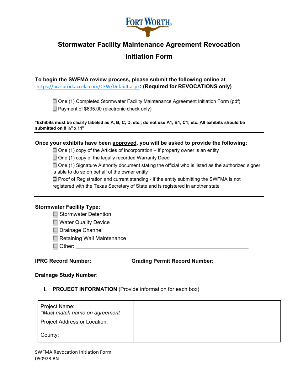 Stormwater Facility Maintenance Agreement Revocation Initiation Form - City of Fort Worth, Texas, Page 1