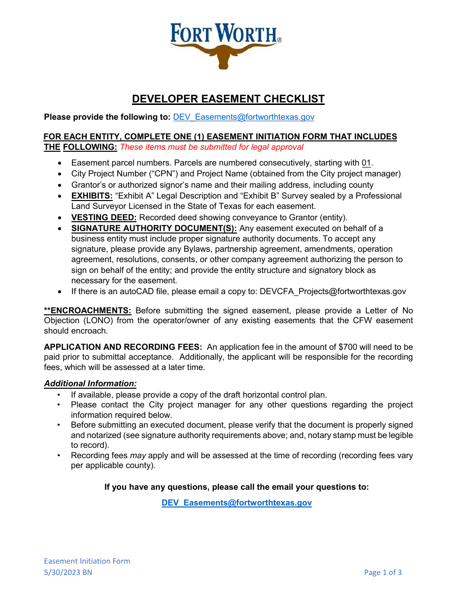 Developer Easement Initiation Form - City of Fort Worth, Texas, Page 1