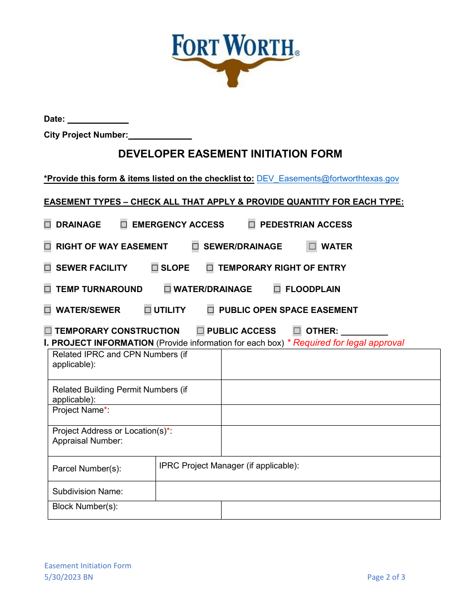 Developer Easement Initiation Form - City of Fort Worth, Texas, Page 2