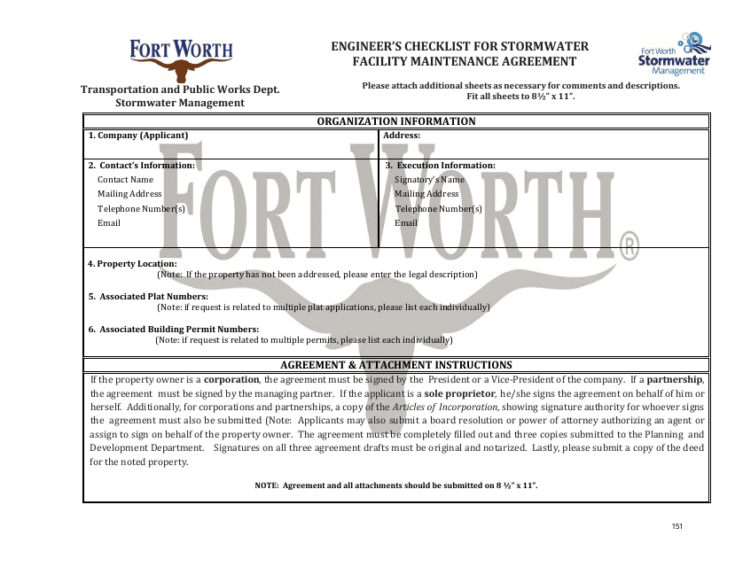 Form CFW-8 Appendix A Engineer's Checklist for Stormwater Facility Maintenance Agreement - City of Fort Worth, Texas