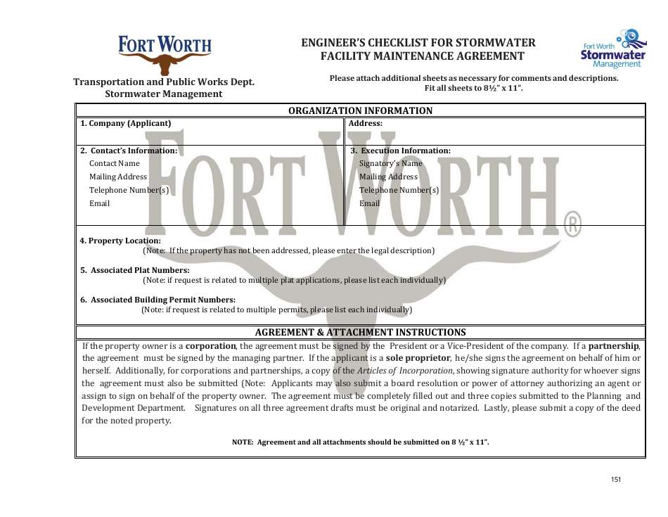 Form CFW-8 Appendix A Engineers Checklist for Stormwater Facility Maintenance Agreement - City of Fort Worth, Texas, Page 1