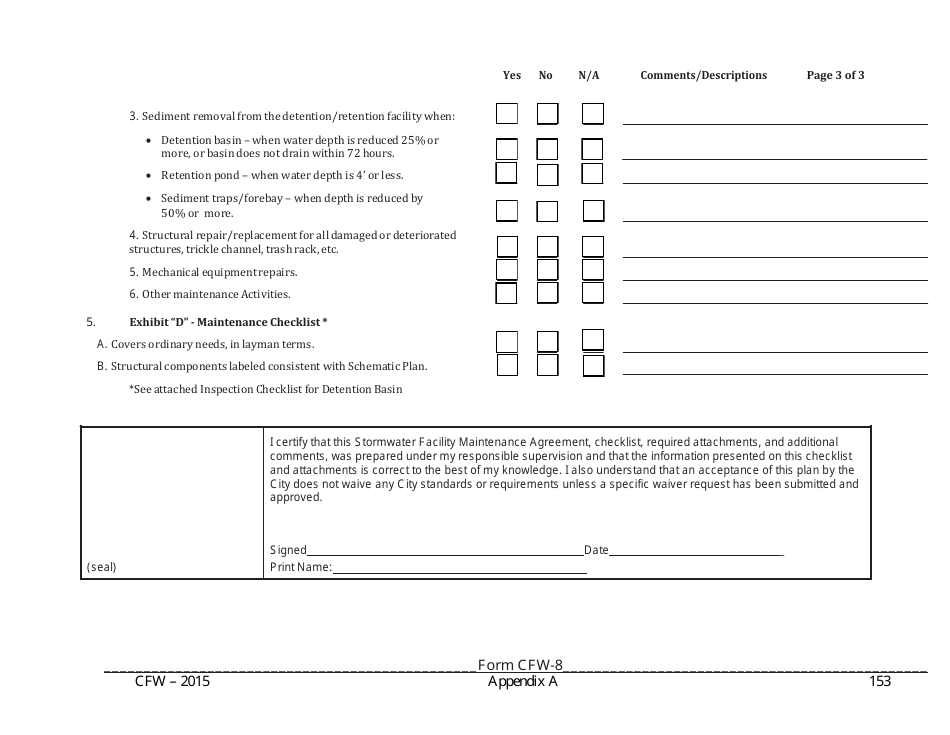Form CFW-8 Appendix A Engineers Checklist for Stormwater Facility Maintenance Agreement - City of Fort Worth, Texas, Page 3