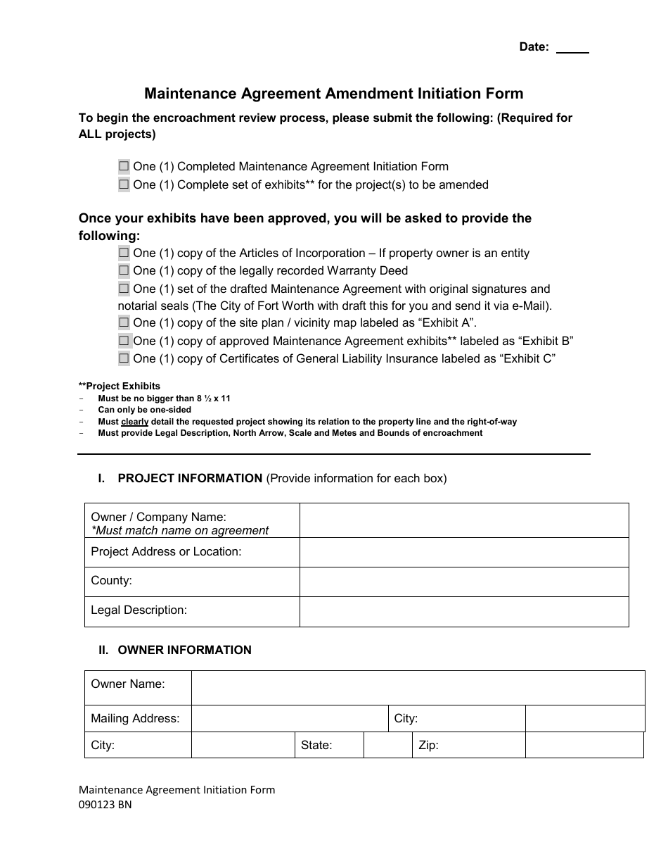 City of Fort Worth, Texas Maintenance Agreement Amendment Initiation Form Fill Out, Sign
