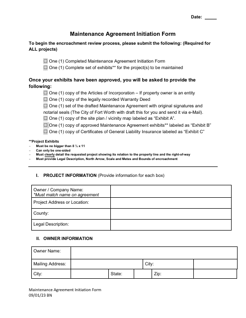Maintenance Agreement Initiation Form - City of Fort Worth, Texas Download Pdf