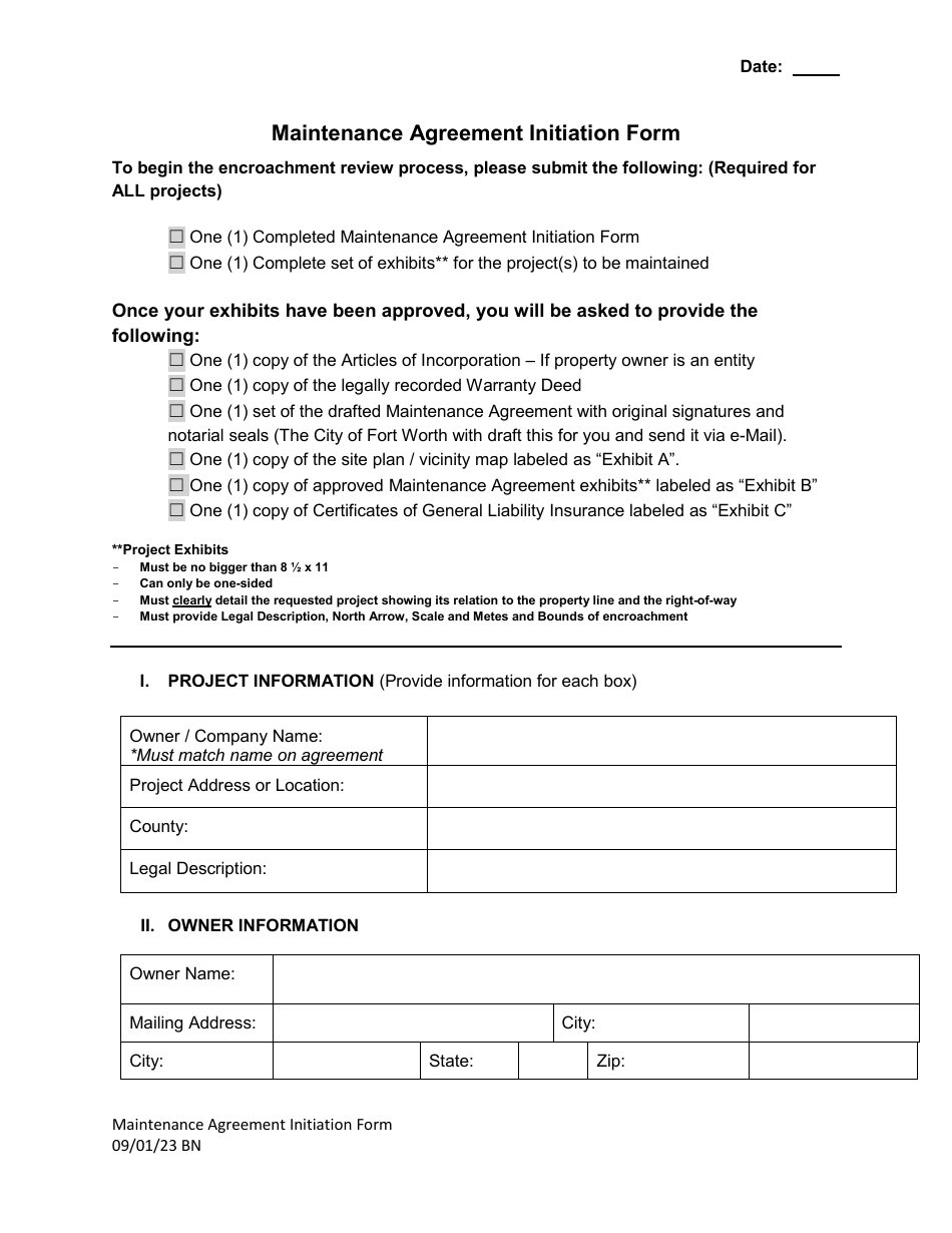 Maintenance Agreement Initiation Form - City of Fort Worth, Texas, Page 1
